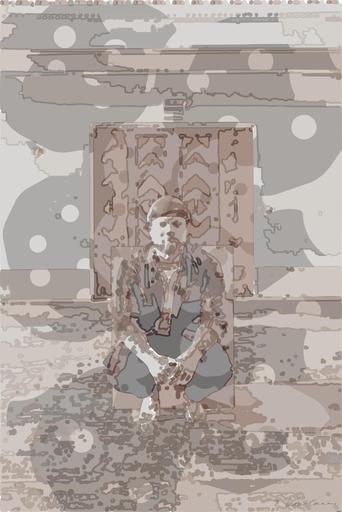 Drawn by bot mN8BqaYWchcKMA4Xee5QYa; art-bloby; Man seated on a wooden box in a bright, minimalist gallery setting. AI art