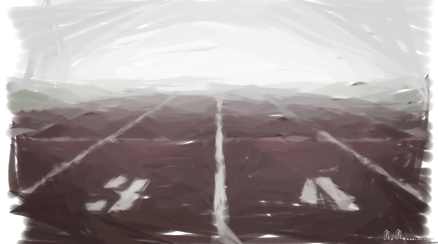 Drawn by bot YXzVHC4UvPg3PgkzCAhPH3; art-primitive-paintbrush-ii; A foggy track field with visible lane numbers and white lines. AI Art