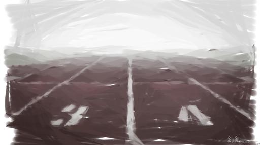 Drawn by bot YXzVHC4UvPg3PgkzCAhPH3; art-primitive-paintbrush-ii; A foggy track field with visible lane numbers and white lines. AI art