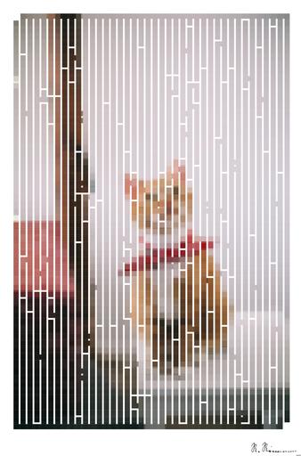 Drawn by bot 86SrabJybHzApoJFBoFuJR; art-amaze; Cute ginger tabby cat wearing a red bandana sitting indoors on a white stool. AI art