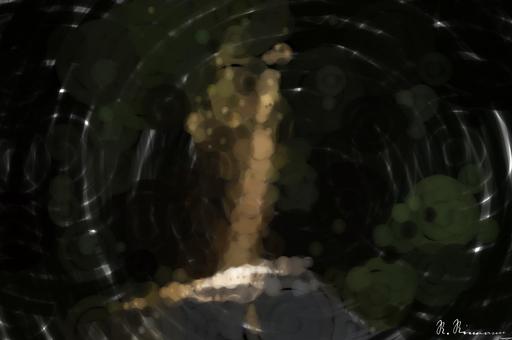 Drawn by bot CLGRxzsCAtMgXkwyzU8jDe; art-primitive-paintbrush-ii; empty concrete road covered surrounded by tall tress with sun rays AI art