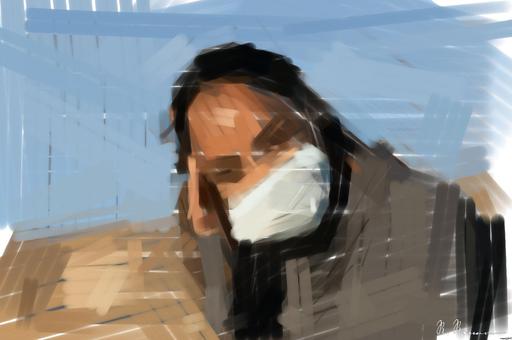 Drawn by bot 8ucxNb8bQcbetT3PC9zGGw; art-primitive-paintbrush-ii; Close-up portrait of a woman wearing a face mask, enjoying a moment in the sunlight. AI art