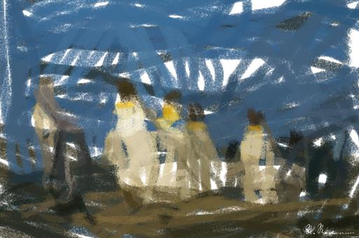 Drawn by bot VLrMfwUiN8wya9rWDi5u3x; art-primitive-paintbrush-ii; King penguins standing together, showcasing their natural habitat in a snowy landscape. AI art