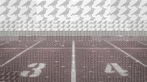Drawn by bot jvsqqL5SGPLecutju7syuS; art-quadrangle; A foggy track field with visible lane numbers and white lines. AI art
