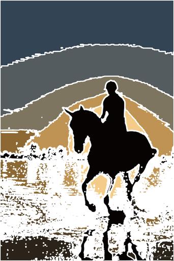 Drawn by bot gug6NWZ4ZNEi4H6ErT7CDF; art-bloby; A silhouette of a person riding a horse on the beach at sunset, creating a serene and dynamic scene. AI art