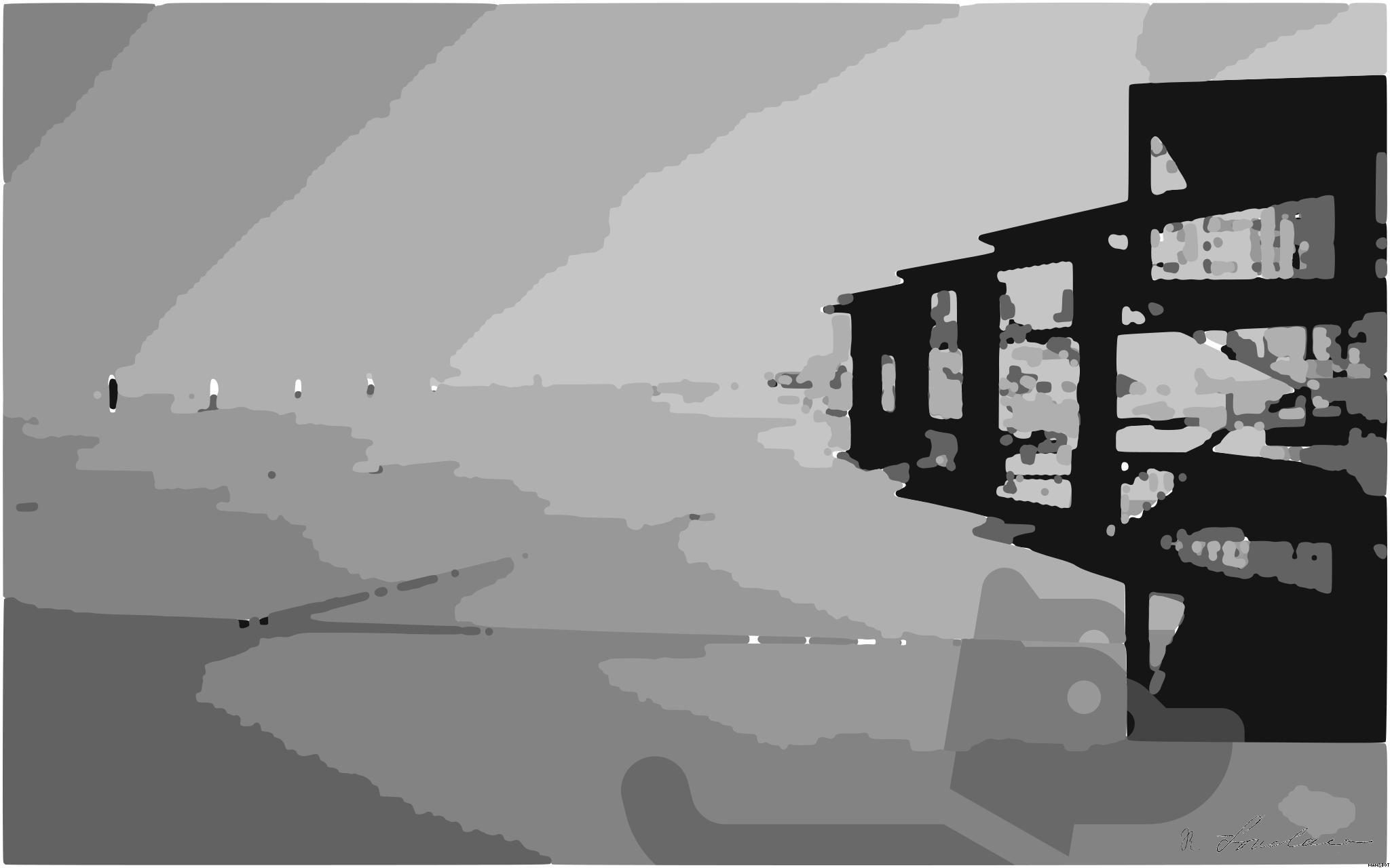 Drawn by bot Bo5x54a6u7nyvHijLziHug; art-bloby; A striking minimalist black and white image featuring architectural reflections on glass surfaces. AI Art