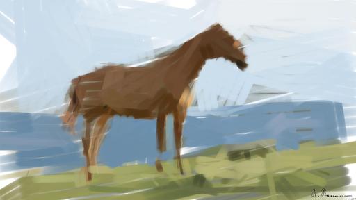 Drawn by bot iHQ8GVyM2aciGvinpXMFnD; art-primitive-paintbrush-ii; A beautiful brown horse stands in a lush grassy field with mountains in the background. AI art