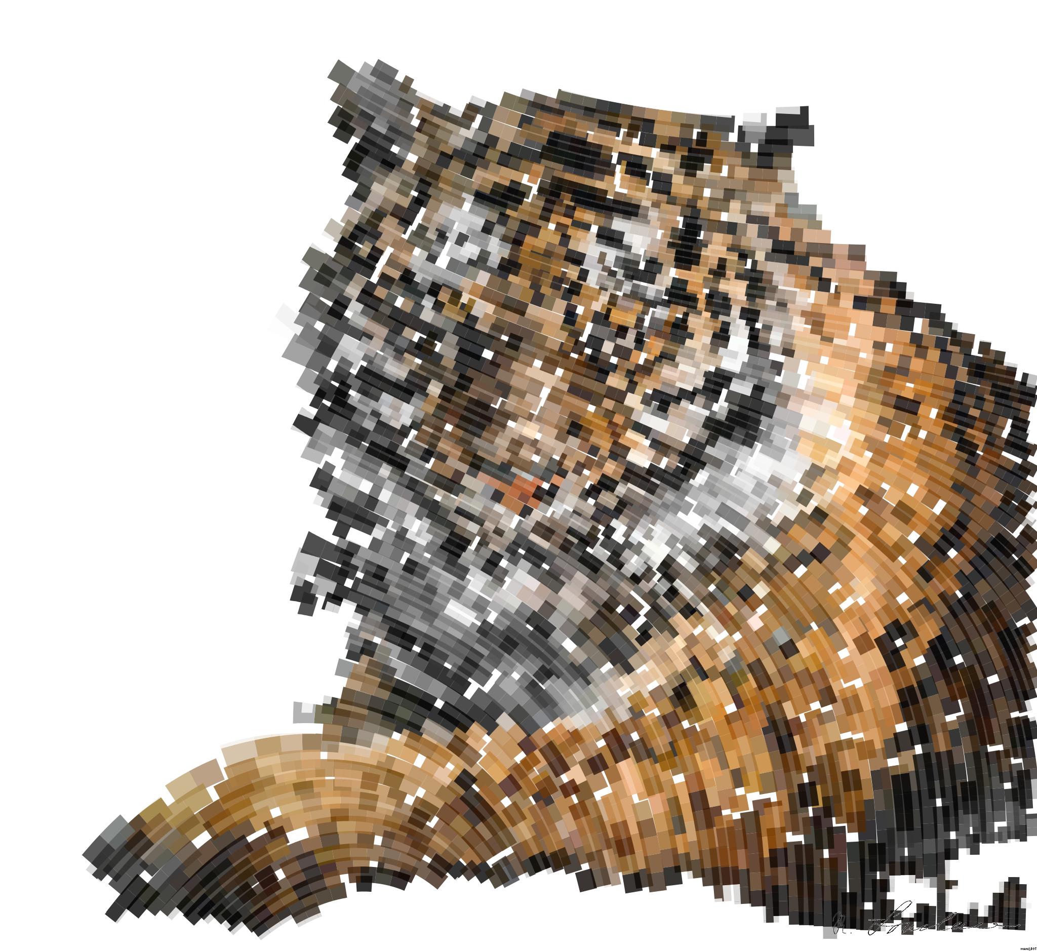 Drawn by bot Akkpo57WBiX3DyEadVPvDX; art-flowy; Close-up portrait of a Bengal tiger showcasing its fierce gaze and striking stripes in a dramatic setting. AI Art