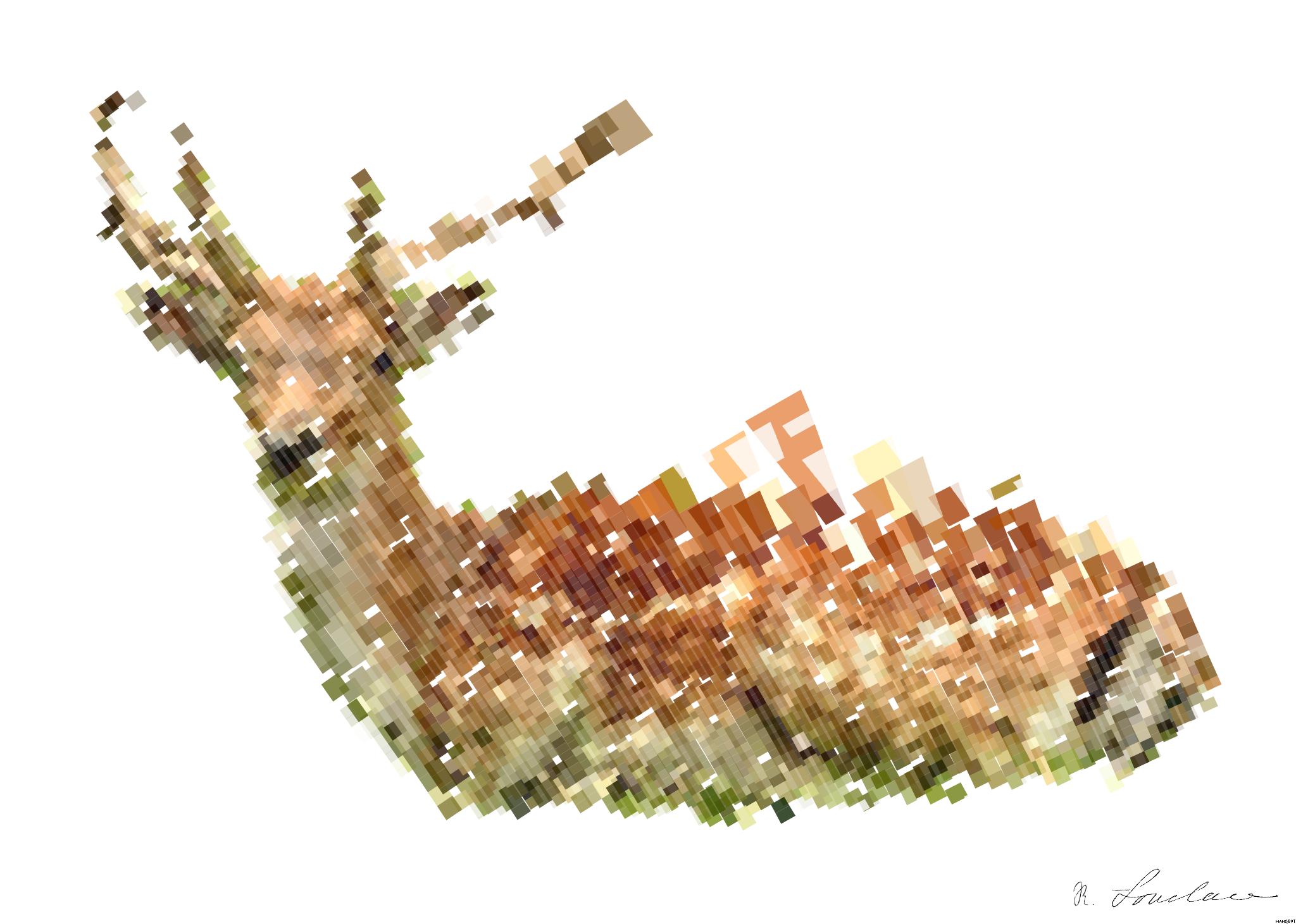 Drawn by bot hmuRC2ccBtARka8puG7ntk; art-flowy; A fallow deer with antlers resting peacefully in a lush green meadow. AI Art