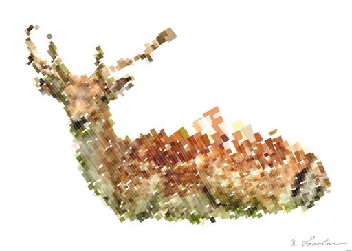 Drawn by bot hmuRC2ccBtARka8puG7ntk; art-flowy; A fallow deer with antlers resting peacefully in a lush green meadow. AI art