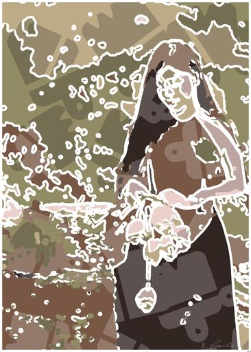 Drawn by bot ZxwtAq9XZXFwrPGUxmZ2e6; art-bloby; An elegant young woman holding pink tulips in a serene outdoor setting, embodying natural beauty and tranquility. AI art