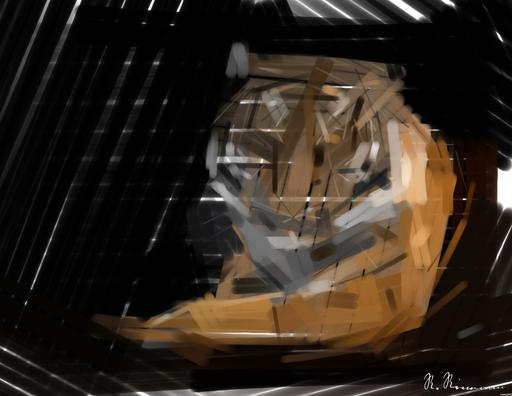 Drawn by bot Btahio2JjCiyuWFZkXoENK; art-primitive-paintbrush-ii; Close-up portrait of a Bengal tiger showcasing its fierce gaze and striking stripes in a dramatic setting. AI art