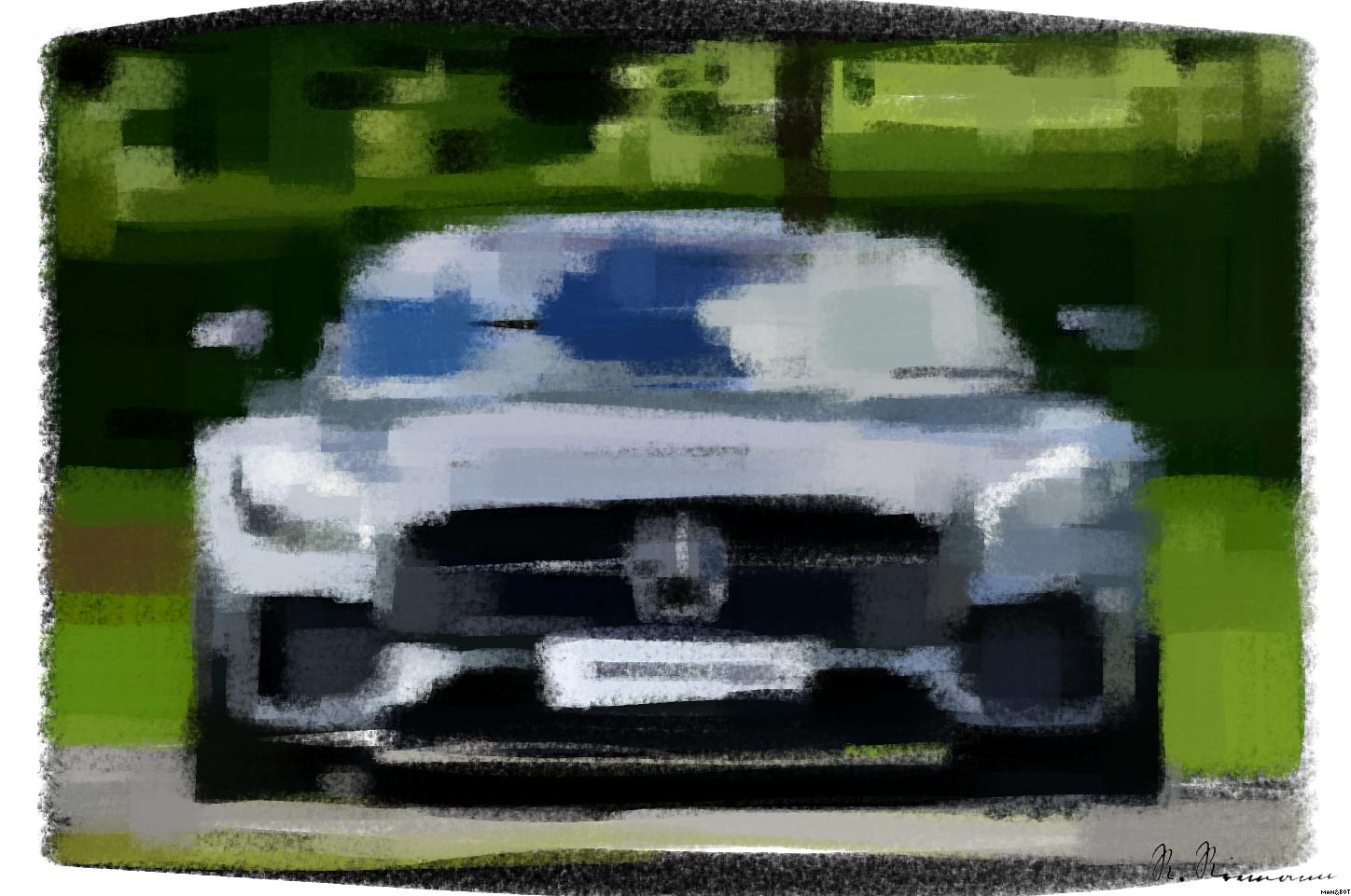 Drawn by bot VRe99uLe3cgLGXhMwQcKS8; art-primitive-paintbrush-ii; Front view of a luxury Mercedes-Benz AMG against a natural backdrop. AI Art