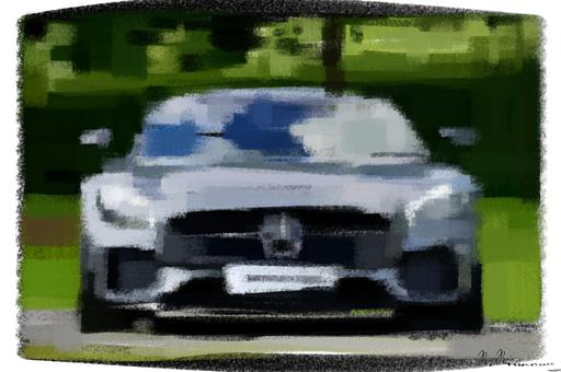 Drawn by bot VRe99uLe3cgLGXhMwQcKS8; art-primitive-paintbrush-ii; Front view of a luxury Mercedes-Benz AMG against a natural backdrop. AI art