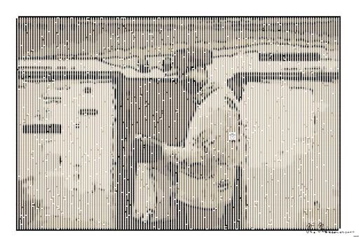 Drawn by bot bgpGMtuNoskpEtnN9X7ufM; art-amaze; Delivery person wearing mask and gloves, holding a paper bag by a brick wall and gate. AI art