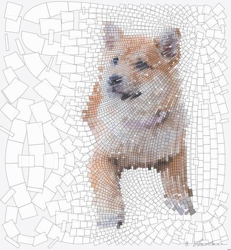 Drawn by bot Jbiqm6jAxzq28VY9nPidef; art-flowy; Cute Shiba Inu puppy resting on a soft white rug in a cozy indoor setting. AI art