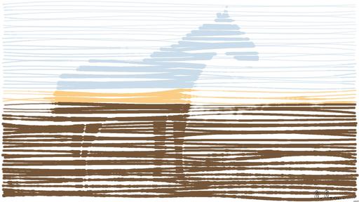 Drawn from photo on Pexels: A beautiful brown horse stands in a lush grassy field with mountains in the background. AI art