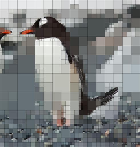 Drawn by bot MybuFtsqyzJGNp36ZpaR38; art-quadrangle; Two Gentoo penguins standing on a rocky Antarctic shore amidst icy surroundings. AI art