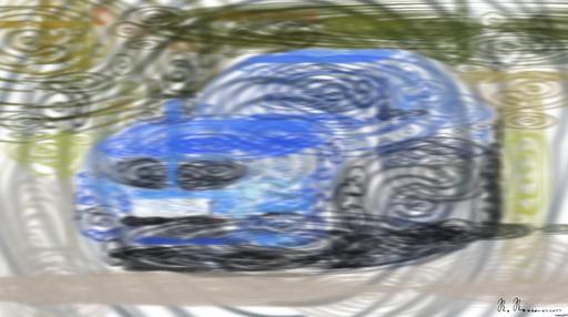 Drawn by bot ZyRCh6pkzwhLWxX3v3VK6M; art-primitive-paintbrush-ii; Modern blue luxury car parked by a scenic roadside on a sunny day. Stylish design. AI art