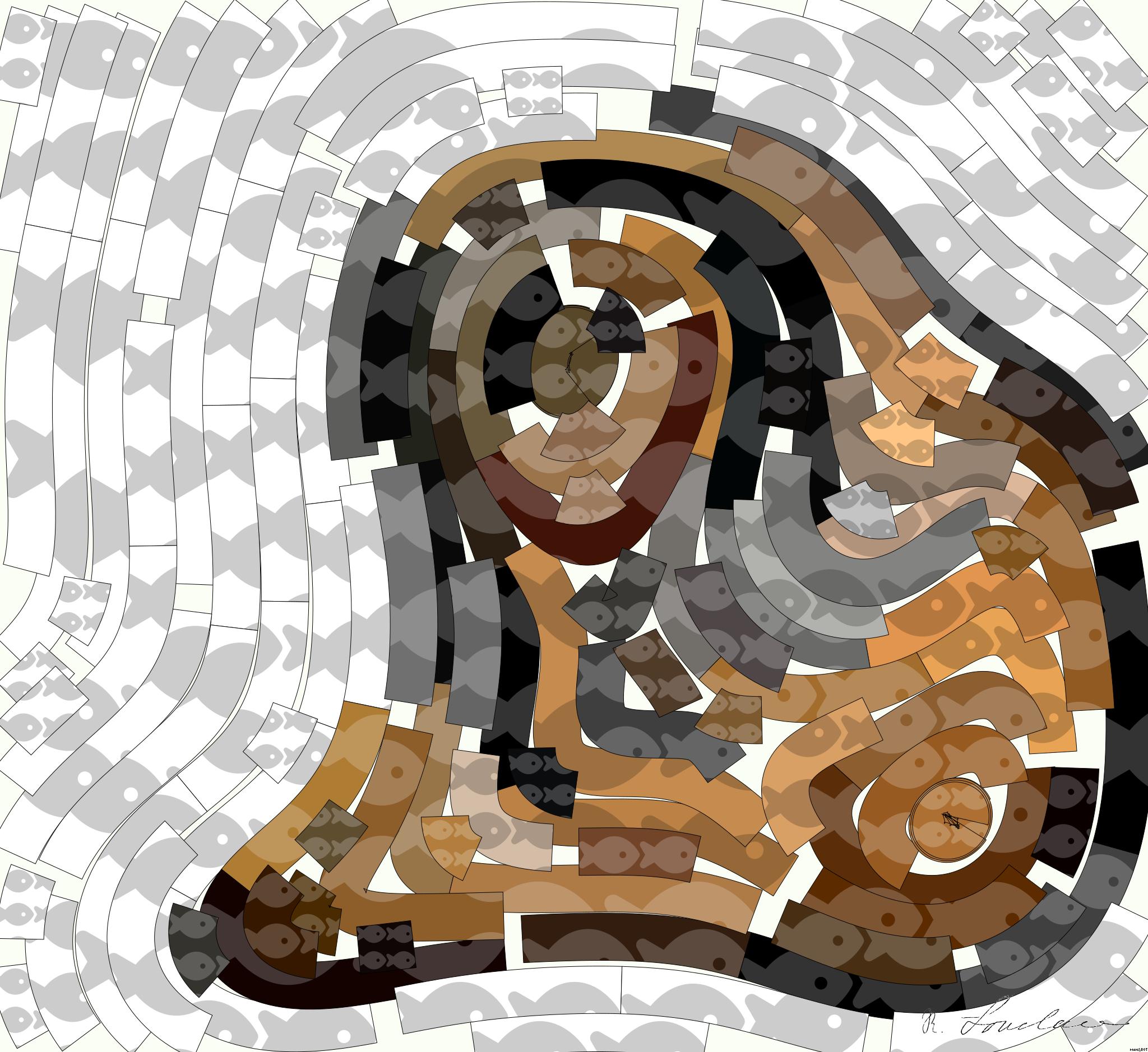 Drawn by bot cW76wapGc7D6X4s4fWo5BK; art-flowy; Close-up portrait of a Bengal tiger showcasing its fierce gaze and striking stripes in a dramatic setting. AI Art