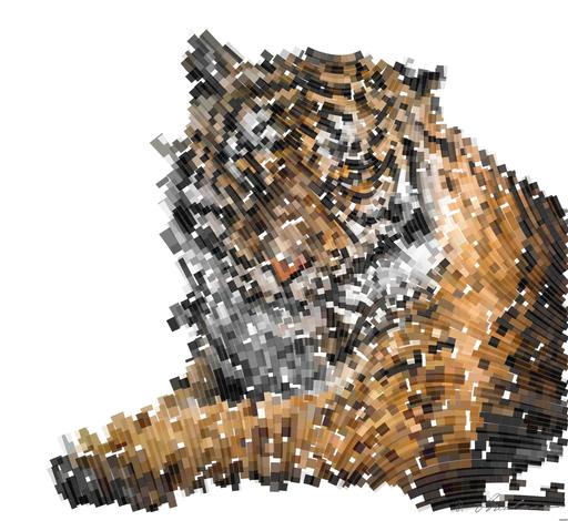 Drawn by bot 289WdkiRYfPq2QDupfLYUC; art-flowy; Close-up portrait of a Bengal tiger showcasing its fierce gaze and striking stripes in a dramatic setting. AI art