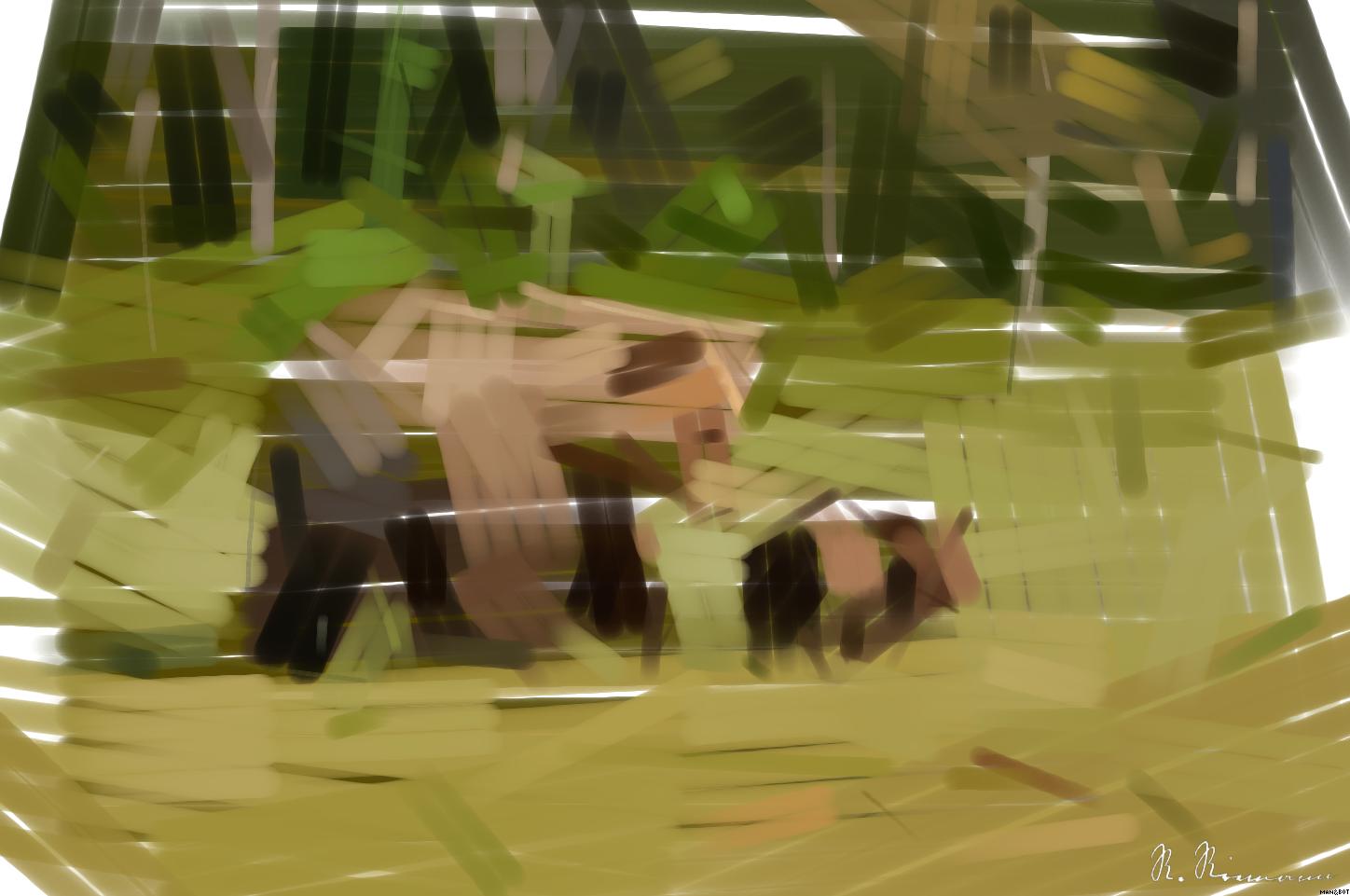 Drawn by bot cVuar9PziUjddydYSx7R8f; art-primitive-paintbrush-ii; Mother bear walking in Finnish taiga with its small cubs AI Art