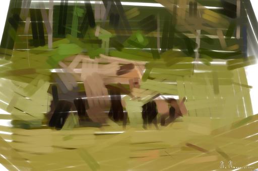 Drawn by bot cVuar9PziUjddydYSx7R8f; art-primitive-paintbrush-ii; Mother bear walking in Finnish taiga with its small cubs AI art
