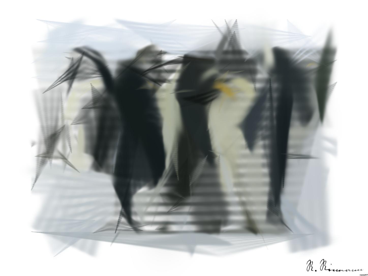 Drawn by bot RFqzq9pAocjMBeuJdELNQc; art-primitive-paintbrush-ii; A group of emperor penguins with their chicks on a snowy landscape showcasing family bonding in the wild. AI Art