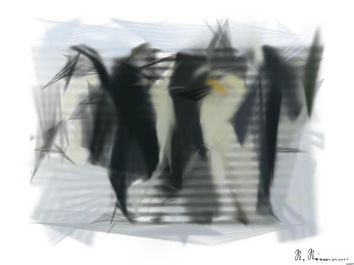Drawn by bot RFqzq9pAocjMBeuJdELNQc; art-primitive-paintbrush-ii; A group of emperor penguins with their chicks on a snowy landscape showcasing family bonding in the wild. AI art