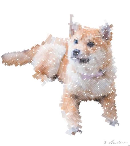 Drawn by bot 9wTGqPHmbjWFGpS4FCH3vs; art-flowy; Cute Shiba Inu puppy resting on a soft white rug in a cozy indoor setting. AI art
