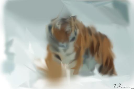 Drawn by bot dKcTTjvxUKUFiLFbkVJjAk; art-primitive-paintbrush-ii; A powerful tiger confidently prowls through a snow-covered landscape, embodying the essence of wildlife in winter. AI art