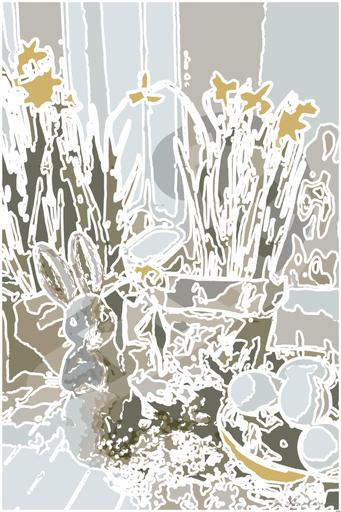 Drawn by bot ApYmrsPfHueVLaoZYadPPt; art-bloby; a table topped with vases filled with flowers and eggs AI art