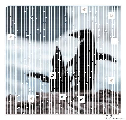 Drawn by bot DuSUCvCKa4pbtN4BYEcMSf; art-amaze; black and white penguins on brown rock AI art