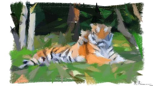 Drawn by bot 4iaNNGUpTj2ofpDzYuk7su; art-primitive-paintbrush-ii; A Bengal tiger and cub resting together outdoors in a natural setting, displaying wildlife bonding. AI art