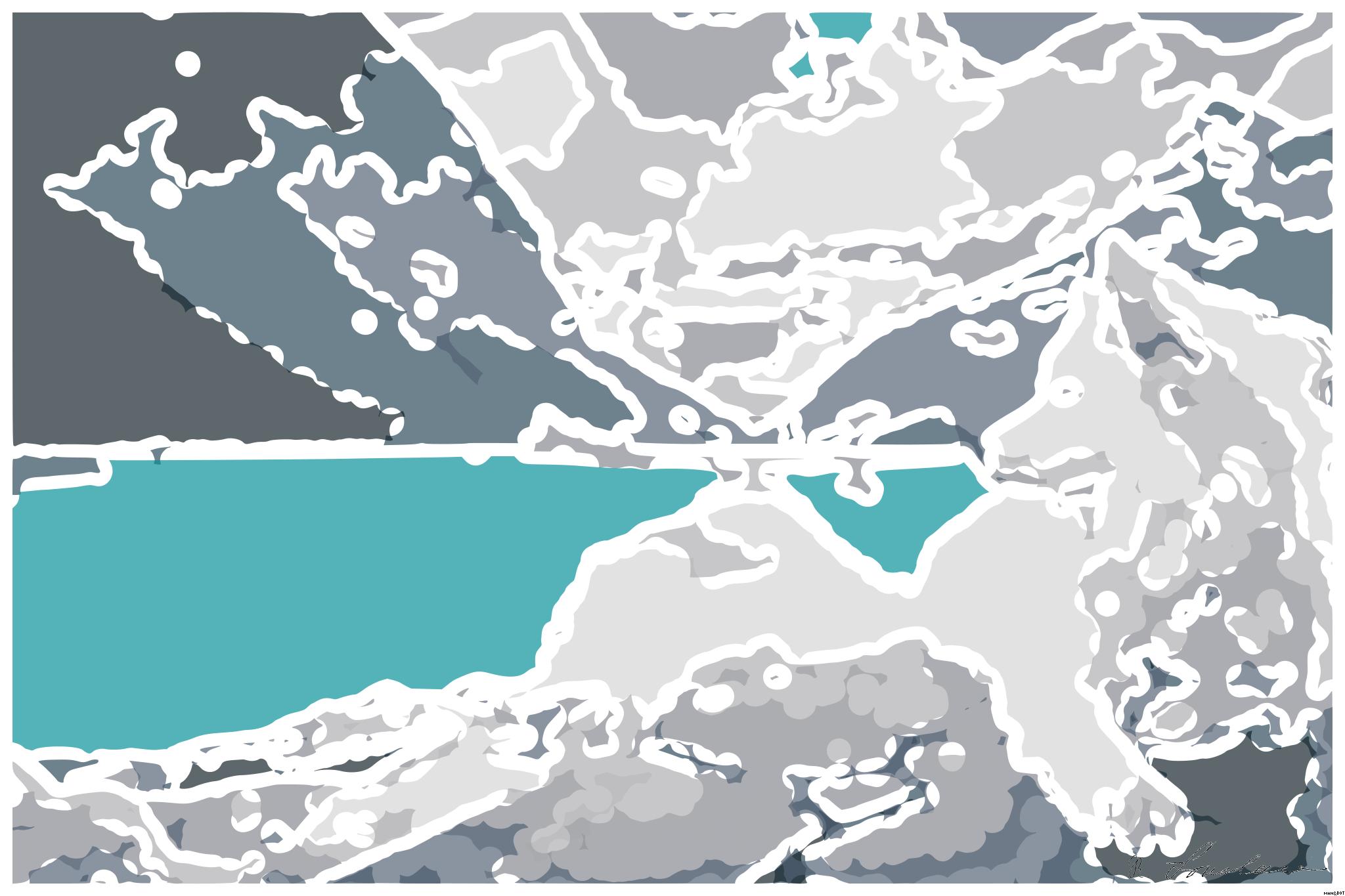 Drawn by bot khZJVaXFpQhPeWcCDtzFPW; art-bloby; A white dog sitting on a rock formation near a large mountain pond. AI Art