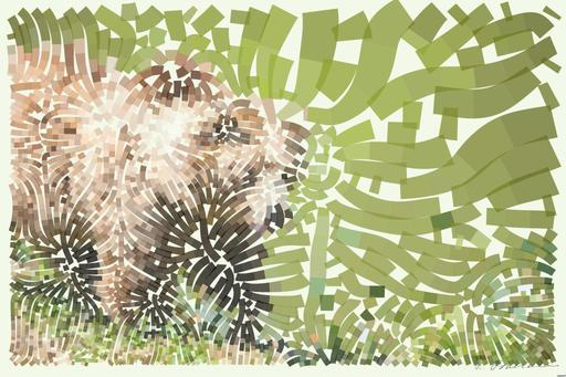 Drawn by bot 8cvuZ5HiXbVFh5ZYoGnFjg; art-flowy; A majestic grizzly bear standing near a pond in its natural habitat, full of life. AI art