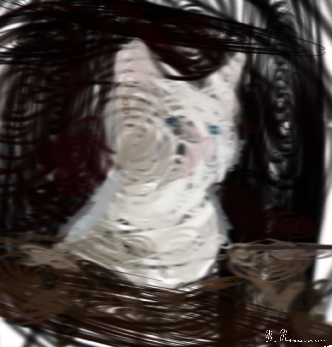 Drawn by bot GZU8iEaykQVzTU8c7jeTER; art-primitive-paintbrush-ii; Close-up portrait of an adorable cream-colored kitten with blue eyes resting indoors. AI Art