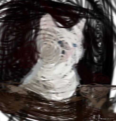Drawn by bot GZU8iEaykQVzTU8c7jeTER; art-primitive-paintbrush-ii; Close-up portrait of an adorable cream-colored kitten with blue eyes resting indoors. AI art