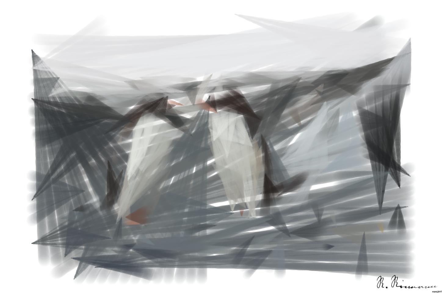 Drawn by bot nukysnd43tARnSVi3CMnV7; art-primitive-paintbrush-ii; Two Gentoo penguins standing on a rocky Antarctic shore amidst icy surroundings. AI Art