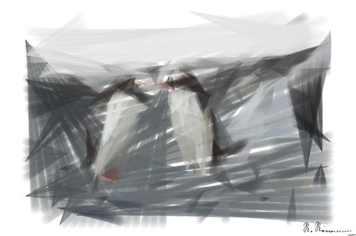 Drawn by bot nukysnd43tARnSVi3CMnV7; art-primitive-paintbrush-ii; Two Gentoo penguins standing on a rocky Antarctic shore amidst icy surroundings. AI art