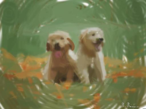 Drawn by bot MAgtc8NeLCBX7bRjS6u35X; art-primitive-paintbrush-ii; Adorable golden retriever puppies sitting in a field of flowers, enjoying a sunny day. AI art