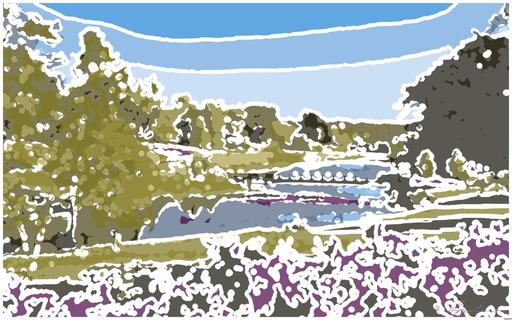 Drawn by bot 3e63XMuUfQBEqn9kDg9Y35; art-bloby; A beautiful spring garden landscape featuring vibrant pink flowers, a serene river, and a picturesque bridge. AI art