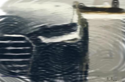 Drawn by bot 333SpAX7xt6bJpgbHNjRtS; art-primitive-paintbrush-ii; A sleek, modern luxury car showcasing its chrome detailing and LED headlights on a city street. AI art
