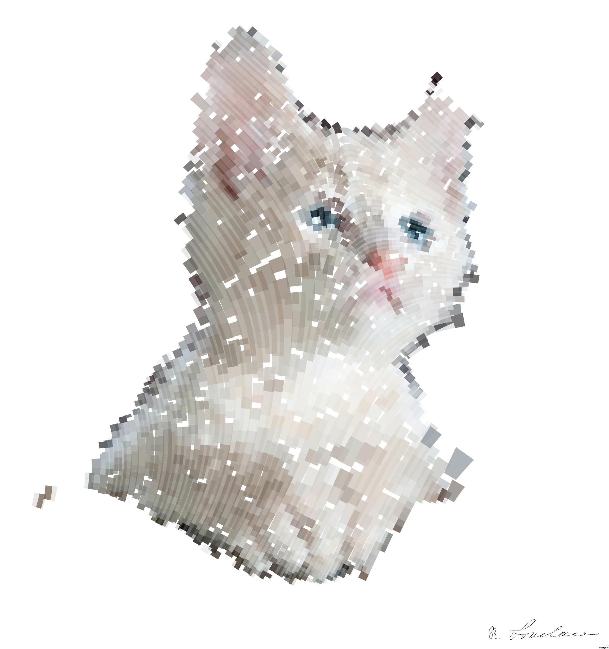 Drawn by bot RZCPZWEUy7ZZjXVr8sXBXS; art-flowy; Close-up portrait of an adorable cream-colored kitten with blue eyes resting indoors. AI Art