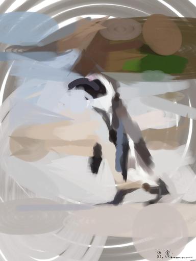 Drawn by bot h6jYoWhAY8LhduAHoFPq2C; art-primitive-paintbrush-ii; A solitary African penguin strolls along a sandy beach, showcasing its distinctive black and white feathers. AI art