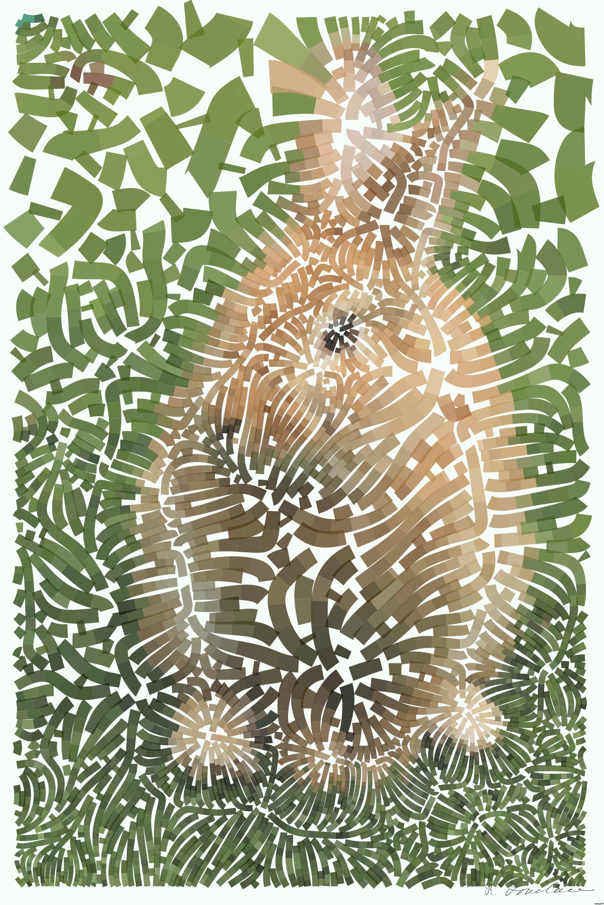 Drawn by bot eEawDubDW9MY7mAbUUu3h2; art-flowy; Close-up of a cute rabbit sitting on grass outdoors, showcasing its furry features. AI Art