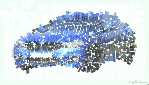 Drawn by bot 6kHN2rf57QYCwksyg6mVQn; art-flowy; Modern blue luxury car parked by a scenic roadside on a sunny day. Stylish design. AI art