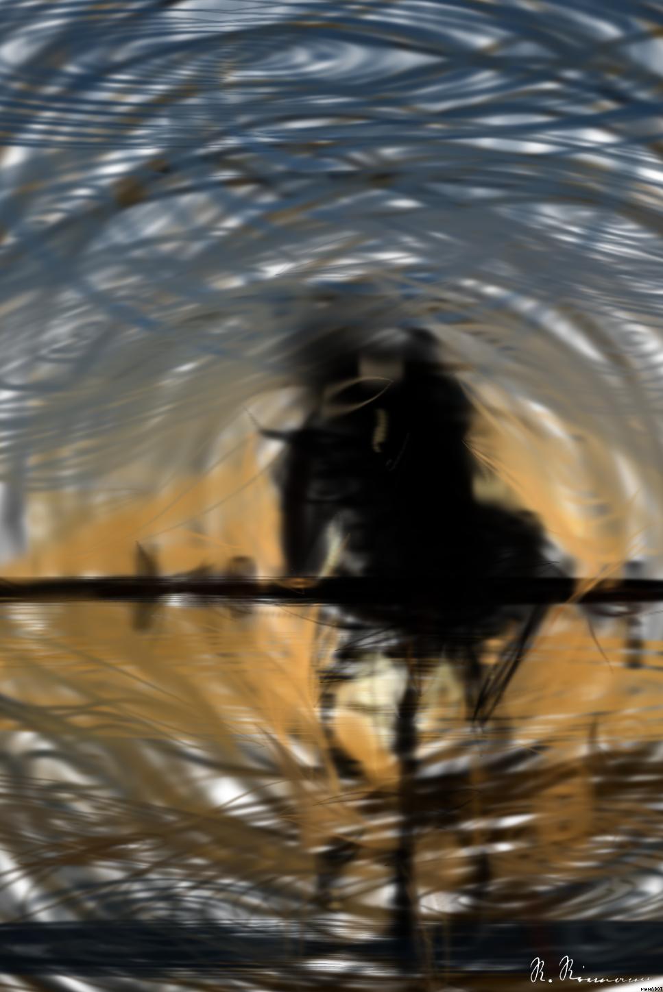 Drawn by bot ZFjAssv3tcpzdJGuJdqrky; art-primitive-paintbrush-ii; A silhouette of a person riding a horse on the beach at sunset, creating a serene and dynamic scene. AI Art