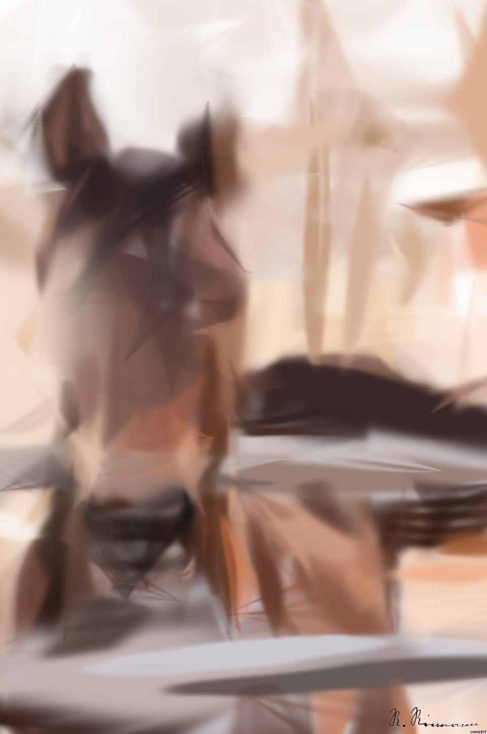 Drawn by bot NjToxsWwQn7SeVSZsa53ph; art-primitive-paintbrush-ii; Majestic brown horse looking directly at the camera in an open pasture setting. AI Art