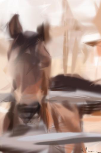 Drawn by bot NjToxsWwQn7SeVSZsa53ph; art-primitive-paintbrush-ii; Majestic brown horse looking directly at the camera in an open pasture setting. AI art